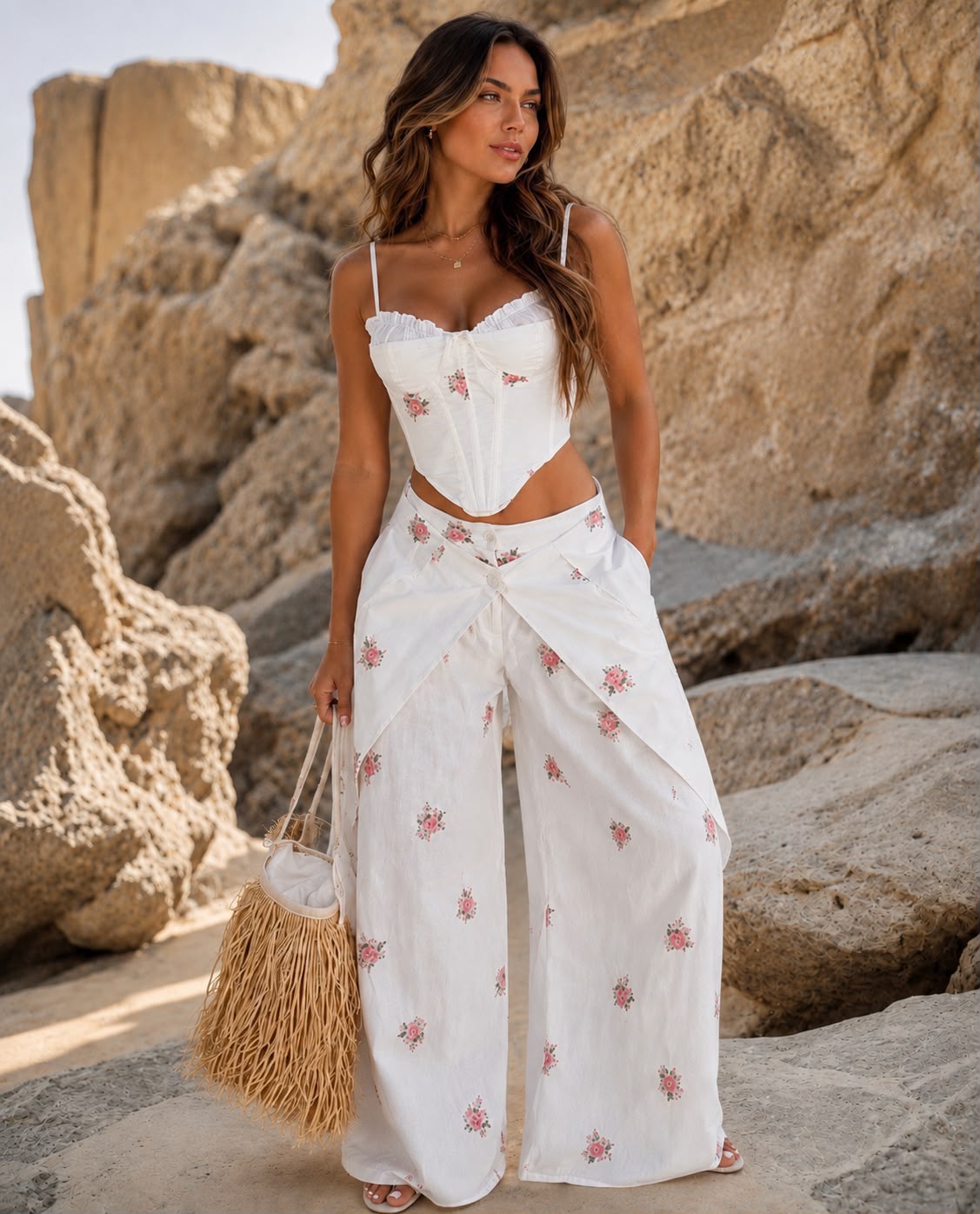 CORSET PANTS SET WHITE AND FLOWERS